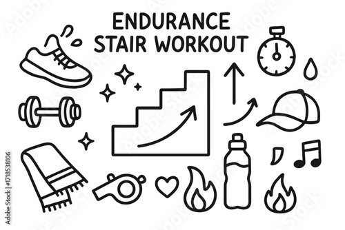 Endurance Workout Doodles. Hand-drawn doodle illustration Endurance stair workout [stairs, sneakers, dumbbell, stopwatch, sweat drop, towel, arrow up, sparkle,