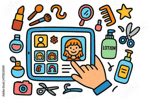 Colorful Beauty Doodle Icons. Colorful Hand-drawn doodle Children illustration Touchscreen Styling App tablet, hair icons, stylist hand, lipstick, brush,