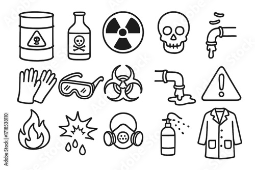 Chemical Safety Icons. Hand-drawn doodle illustration hazardous materials barrel, chemical bottle, radioactive symbol, skull, gloves, goggles, biohazard sign,