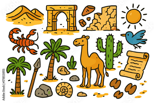 Desert Ruins Doodle. Colorful Hand-drawn doodle Children illustration Desert ruins sand dune, ancient gate, pottery shards, cracked wall, scorpion, camel,