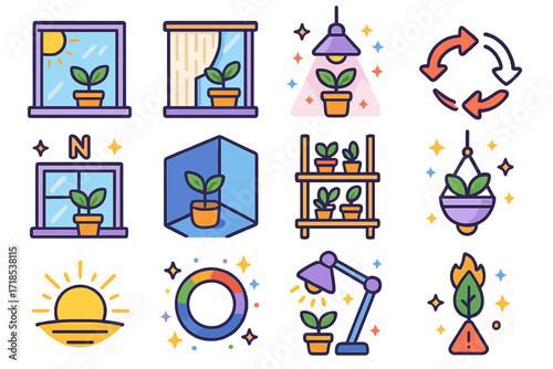 Isometric Houseplant Icons. Colorful isometric vector icons set of houseplant placement and lighting: sunny window icon, filtered light curtain, grow light