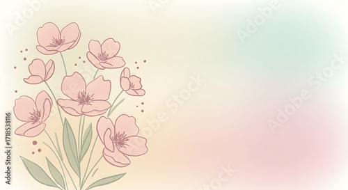 Delicate illustration of pink flowers with green stems and leaves against a soft, pastel background.