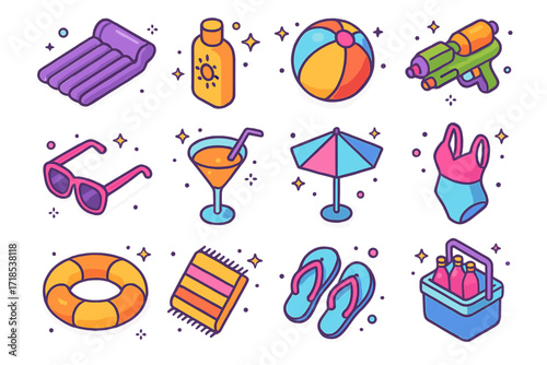 Pool Party Essentials. Colorful isometric vector icons set of Pool Party Accessories: pool float, sunscreen bottle, beach ball, water gun, sunglasses, cocktail