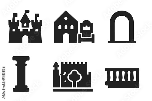 Court Architecture Icons. Solid, filled icon set of court architecture: castle, great hall, throne room, archway, pillar, gate, courtyard, balcony. Solid,