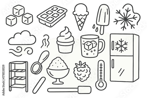 Cool Frozen Treats. Hand-drawn doodle illustration Ice and frozen treats [ice cubes, ice tray, ice cream cone, popsicle, snowflake, frosty glass, frozen yogurt