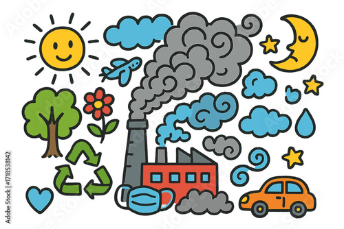 Eco-Friendly Doodle Illustration. Colorful Hand-drawn doodle Children illustration Pollution skies smokestack, factory, smoke swirl, cloud, airplane, sun,