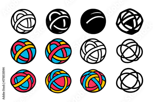 Tangle Logo Set. Set Logo of Tangle: Wire ball. Logo set in vector style, emblematic variations. line, bold thick line, solid black filled, solid black