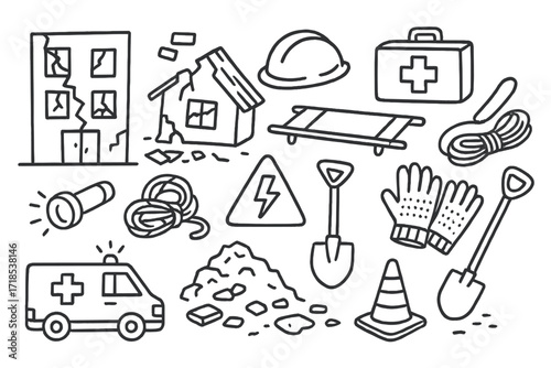 Earthquake Aftermath Icons. Hand-drawn doodle illustration earthquake aftermath cracked building, fallen bricks, broken window, collapsed house, rescue helmet,