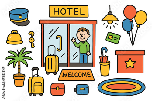 Cartoon Hotel Welcome. Colorful Hand-drawn doodle Children illustration Minimal hotel entrance glass doors, doorman hat, welcome mat, luggage, bell, smiling