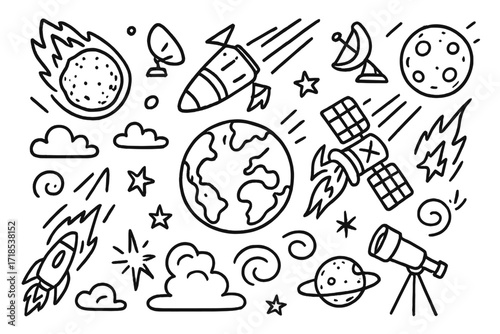 Space Debris Doodles. Hand-drawn doodle illustration Falling debris Earth, atmosphere, burning fragment, rocket part, satellite, antenna, spark, star, flame,