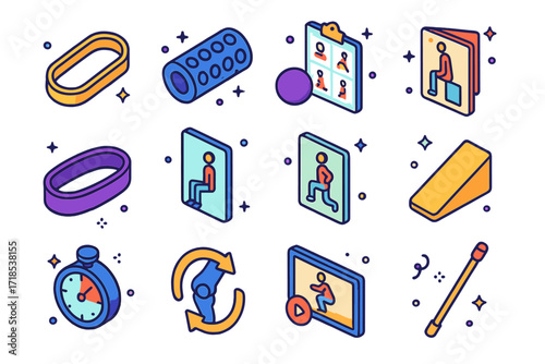 Squat Warm-Up Icons. Colorful isometric vector icons set of squat warm-up and mobility tools: resistance loop, foam roller, lacrosse ball, dynamic stretches