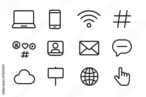 Digital Activism Icons. Digital activism. Line icon set of digital activism: laptop, smartphone, wifi signal, hashtag, social media icons, video call, email,