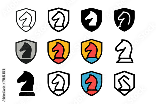 Strategic Chess Emblem. Set Logo of Chess sections for strategic thinking: Strategic shield emblem. Logo set in vector style, emblematic variations. line, bold