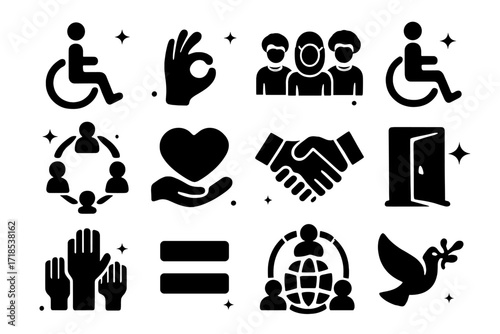 Inclusive Symbol Collection. Inclusion. Solid icons set of wheelchair symbol, sign language hand, diverse people, accessible ramp, inclusive circle, support