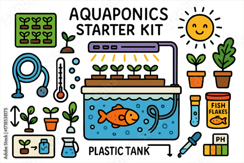 Aquaponics Starter Kit. Colorful Hand-drawn doodle Children illustration Aquaponics starter kit plastic tank, small fish, seedling tray, LED light, air hose,