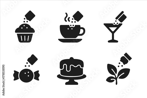 Sugar Uses Icons. Solid, filled icon set of sugar uses: baking, sweetening tea, coffee sugar, cocktail syrup, candy making, frosting, caramelizing, sugar