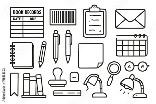 Library Essentials Doodles. Hand-drawn doodle illustration Book records checkout card, barcode, clipboard, notebook, pencil, pen, paper, stamp, magnifying