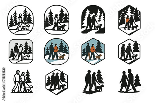 Snowy Forest Walk. Set Logo of people walking in a snowy forest: couple walking dog on snowy path. Logo set in vector style, emblematic variations. line, bold