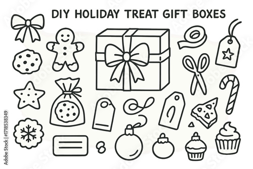 DIY Holiday Treats. Hand-drawn doodle illustration [DIY holiday treat gift boxes] [gift box, ribbon, cookie, clear bag, tape, scissors, holiday tag, twine,