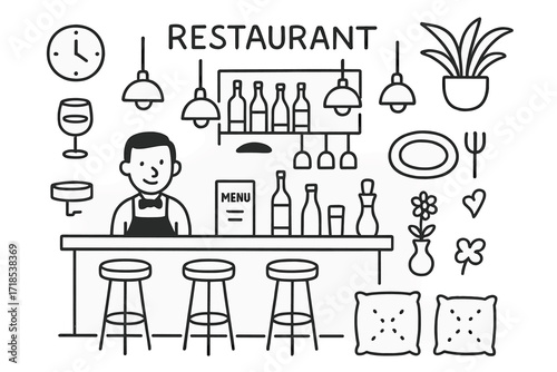Restaurant Bar Doodle. Hand-drawn doodle illustration [Restaurant bar area] [bar counter, stools, bottles, glasses, lamp, wine glass, menu, clock, plant,