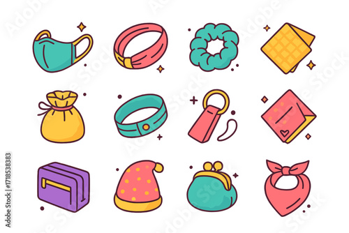 Colorful Cotton Accessories Icons. Colorful isometric vector icons set of cotton accessories: reusable face mask, headband, scrunchie, handkerchief, cotton
