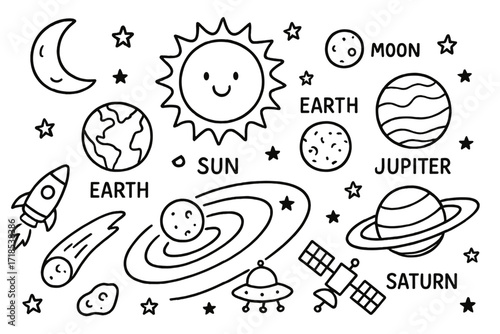 Solar System Doodle. Hand-drawn doodle illustration Solar system Sun, Earth, Moon, Mars, Jupiter, Saturn, asteroid, comet, rocket, telescope, satellite, UFO,