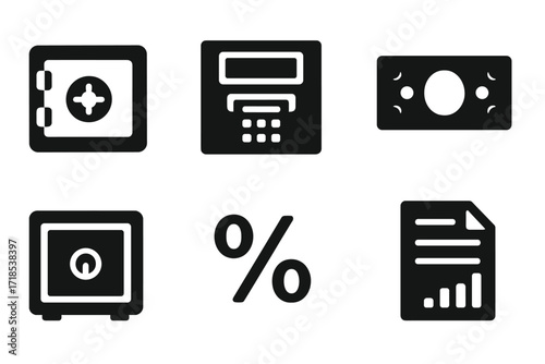 Banking Icons Grid. Solid, filled icon set of banking and finance: bank vault, ATM machine, banknote, checkbook, safe deposit box, interest rate,