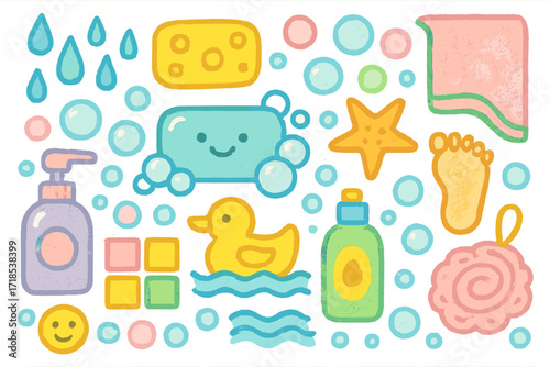 Playful Bathtime Doodles. Colorful Hand-drawn doodle Children illustration Bath mat texture soft loops, sponge bubbles, droplets, smiling soap bar, towel