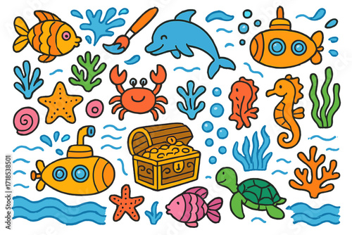 Underwater Cartoon Adventure. Colorful Hand-drawn doodle Children illustration Underwater mural fish, dolphin, coral, seaweed, treasure chest, submarine,