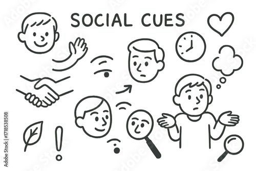 Social Cues Doodle. Hand-drawn doodle illustration [Social cues] [smile, wave, handshake, eyebrow raise, eye glance, hand gesture, shoulder shrug, small arrow,