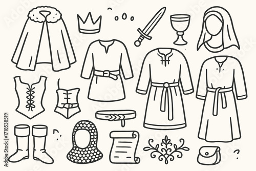 Medieval Clothing Icons. Hand-drawn doodle illustration Medieval clothing style [cloak, crown, sword, corset, tunic, goblet, belt, robe, fur trim, headdress,