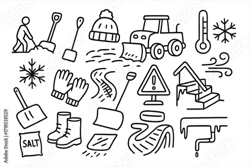 Winter Snow Removal Icons. Hand-drawn doodle illustration winter snow removal snow shovel, snowplow, icy road, tire tracks, salt bag, gloves, boots,