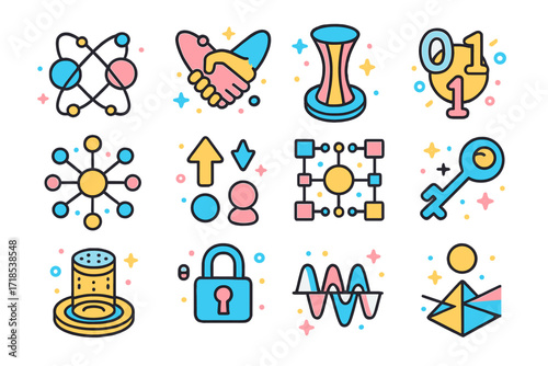 Quantum Icon Collection. Colorful isometric vector icons set of quantum entanglement and information: two linked atoms, quantum handshake, teleportation beam,
