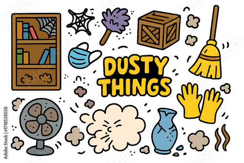 Dusty Bookshelf Doodles. Dusty Things. Colorful Hand-drawn doodle Children illustration dusty bookshelf, cobweb, feather duster, old box, broom, mask, gloves,