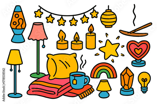 Cozy Doodle Sanctuary. Colorful Hand-drawn doodle Children illustration Relaxing mood lighting [lava lamp, fairy lights, candles, incense stick, floor lamp,