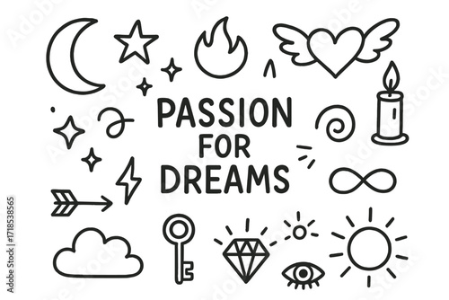 Dream Symbols Doodle. Hand-drawn doodle illustration Passion for dreams moon, star, flame, heart, wings, spark, swirl, candle, arrow, cloud, key, sun, diamond,