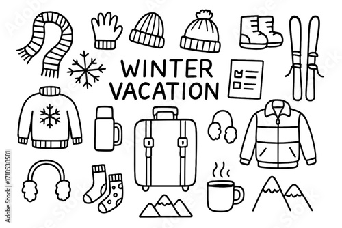 Winter Vacation Essentials. Hand-drawn doodle illustration Winter vacation suitcase [scarf, gloves, beanie, boots, sweater, jacket, suitcase, thermos, hot