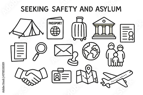 Asylum Journey Essentials. Hand-drawn doodle illustration Seeking safety and asylum, tent, passport, suitcase, government building, documents, stamp,