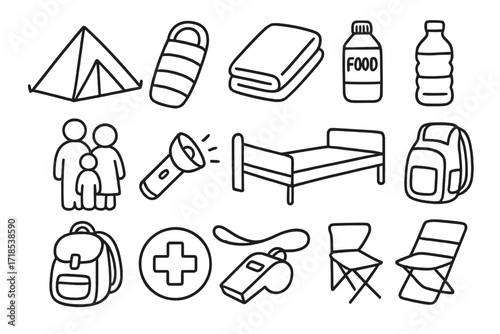 Evacuation Shelter Essentials. Hand-drawn doodle illustration evacuation shelter tent, sleeping bag, blanket, food packet, water bottle, family figure,