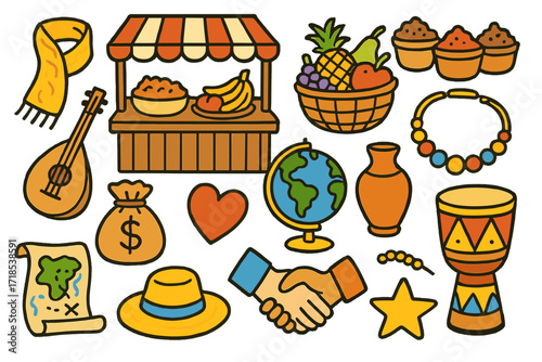Colorful Market Doodles. Colorful Hand-drawn doodle Children illustration Marketplace traditions market stall, fruit basket, spices, scarf, musical instrument,