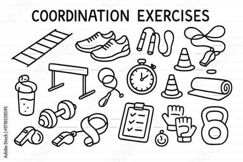 Coordination Exercise Icons. Hand-drawn doodle illustration [coordination exercises] [agility ladder, running shoes, cones, hurdles, jump rope, stopwatch,