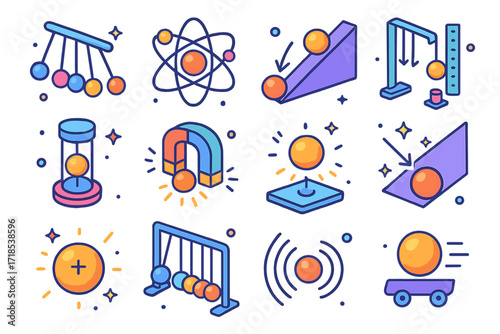 Colorful Science Ball Icons. Colorful isometric vector icons set of science and physics balls: pendulum balls, atom ball model, friction ball test, gravity