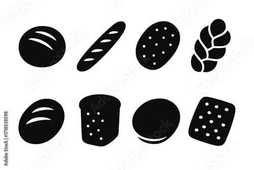 Traditional Bread Icons. Solid, filled icon set of traditional bread types: round loaf, baguette, flatbread, braided bread, sourdough, rye loaf,