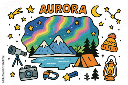 Aurora Borealis Adventure. Aurora. Colorful Hand-drawn doodle Children illustration aurora northern lights, stars, moon, mountain, frozen lake, tent,