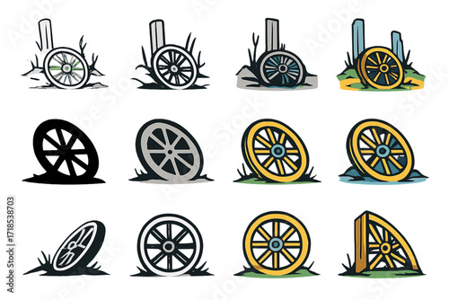 Abandoned Wagon Wheel Logos. Set Logo of Devastated village: Abandoned wagon wheel. Logo set in vector style, emblematic variations. line, bold thick line,