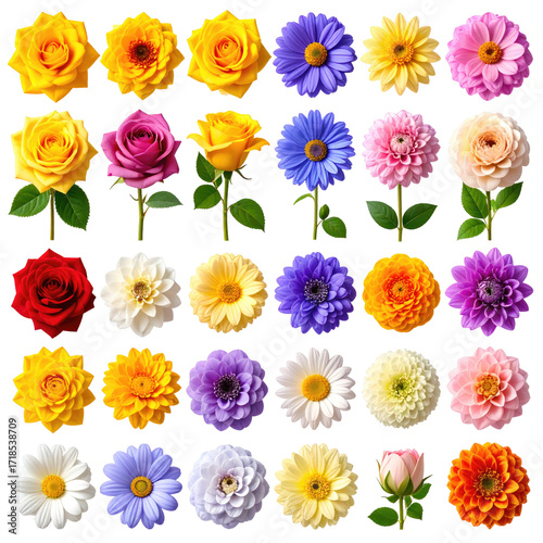A grid of colorful flowers, various types and hues