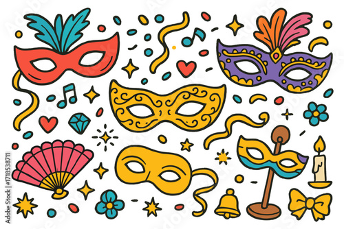 Venetian Mask Doodle. Colorful Hand-drawn doodle Children illustration Venetian masks gold mask, plume, ribbon, confetti, heart, fan, music note, jewel,