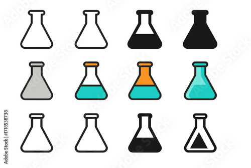 Flask Logo Variations. Set Logo of Flasks: Classic laboratory Erlenmeyer flask. Logo set in vector style, emblematic variations. line, bold thick line, solid