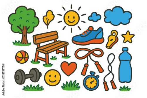 Outdoor Fitness Fun. Colorful Hand-drawn doodle Children illustration Outdoor fitness park bench, tree, sun, sneakers, ball, whistle, water bottle, jump rope,