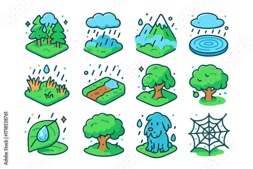 Colorful Rainforest Icons. Colorful isometric vector icons set of rain in nature: forest in rain, mountain in fog, lake with ripples, wet meadow, flooded path,